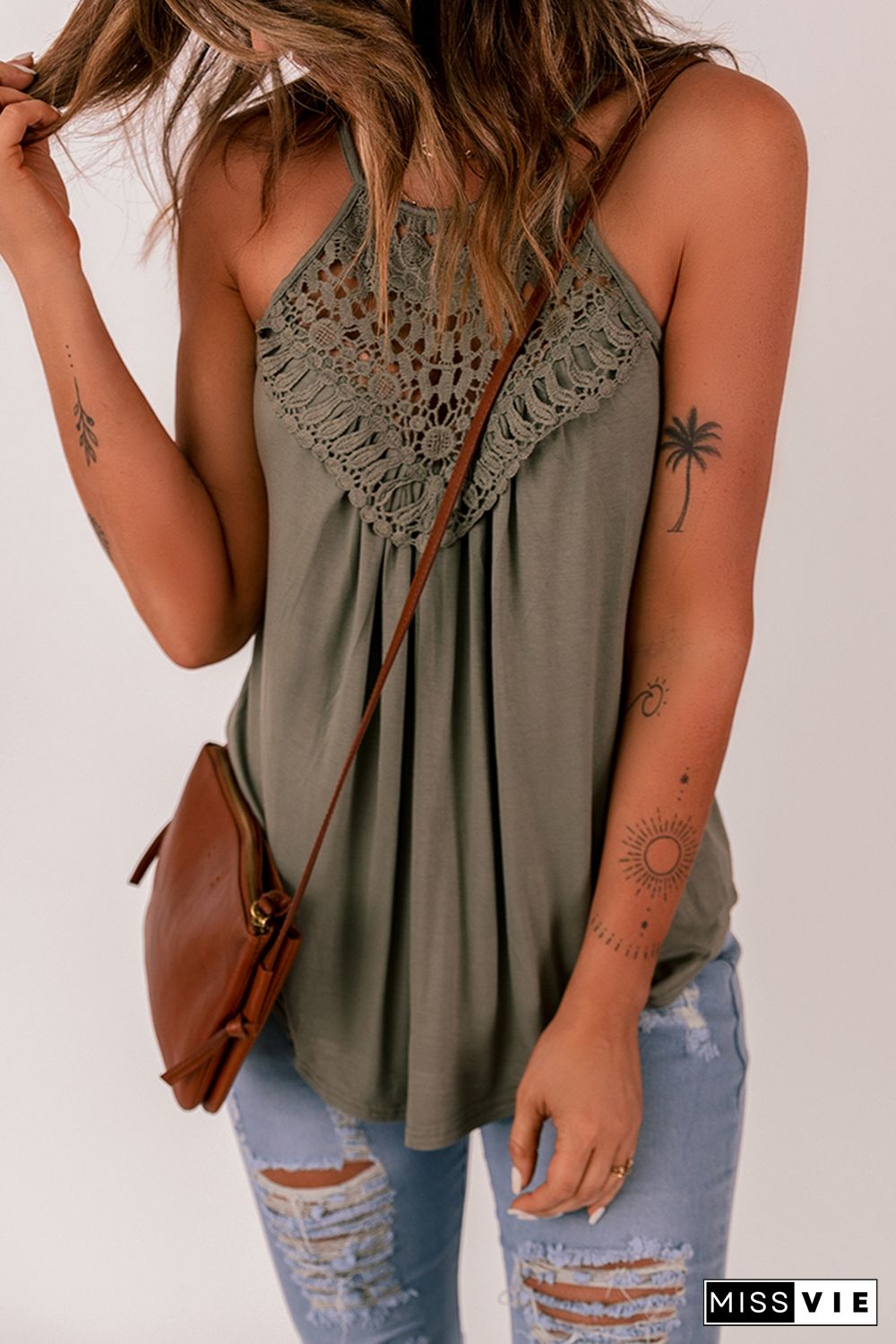 Green Crochet Lace Detail Tank Top