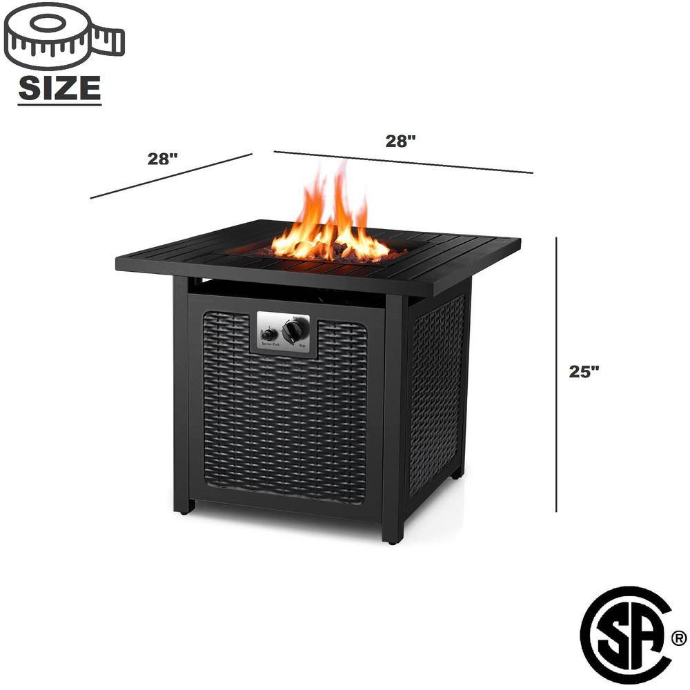 Oakville Furniture 28 in. Outdoor Square Black Rattan Style Powder Coated Steel Gas Propane Fire Pit Table WLava Rock OVF-SLFPT28