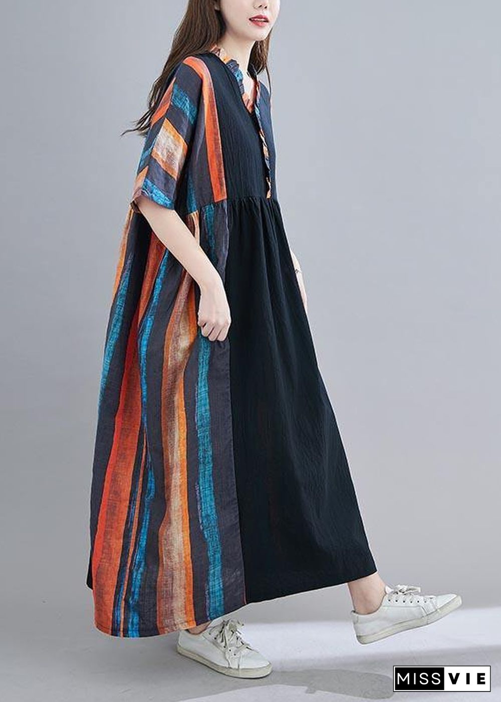 Women V Neck Patchwork Summer Dress Outfits Multicolor Striped Maxi Dress