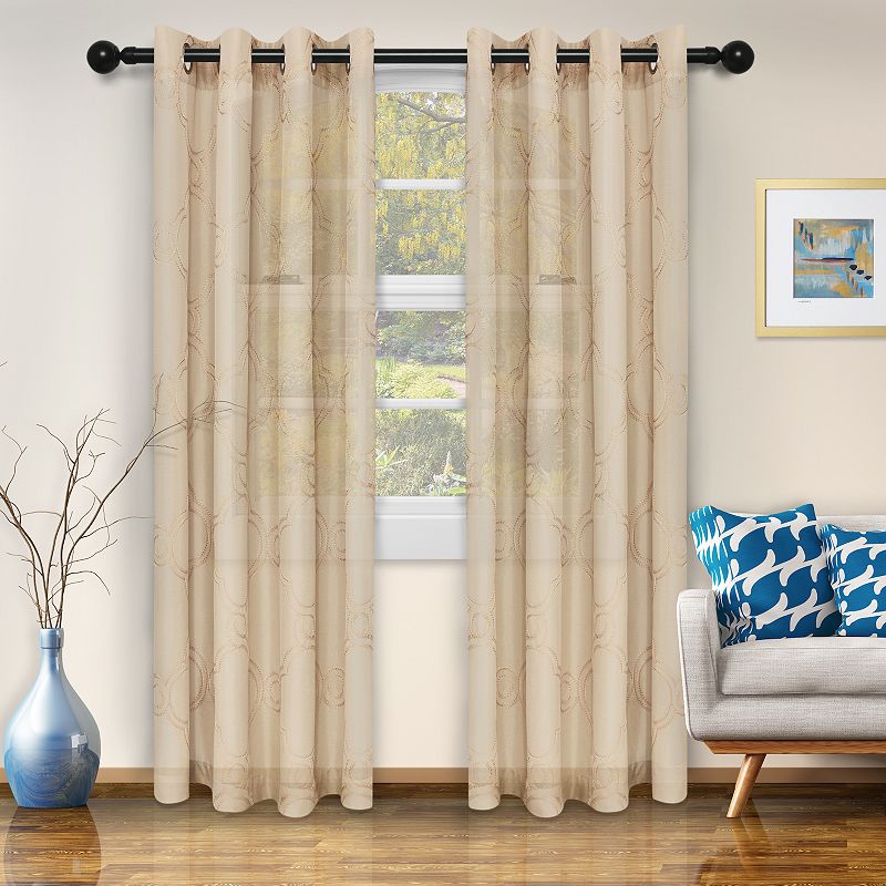 Superior Embroidered Moroccan Sheer Set of 2 Window Curtain Panels