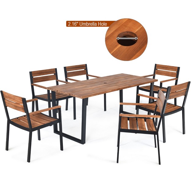 Costway 7pcs Patented Patio Dining Chair Table Set Acacia Wood Backyard W umbrella Hole