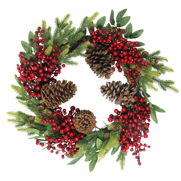 Unlit Artificial Pine Cone Red Berry And Pine Sprig Christmas Wreath