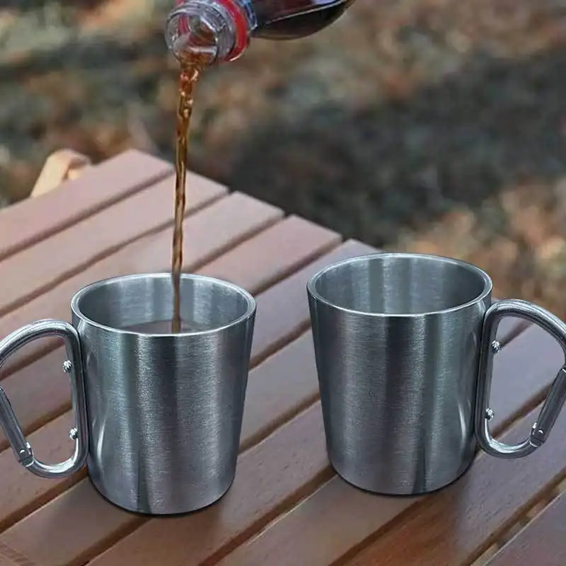 Picnic Outdoor Water Cup Portable Coffee Mug Stainless Steel Wall Mug Camping Mug with Carabiner