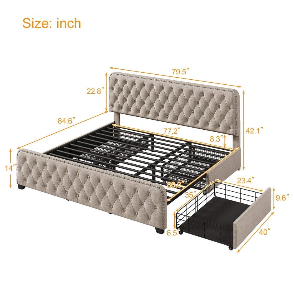 Upholstered Platform Bed Frame with Four Drawers Tufted Headboard and Footboard