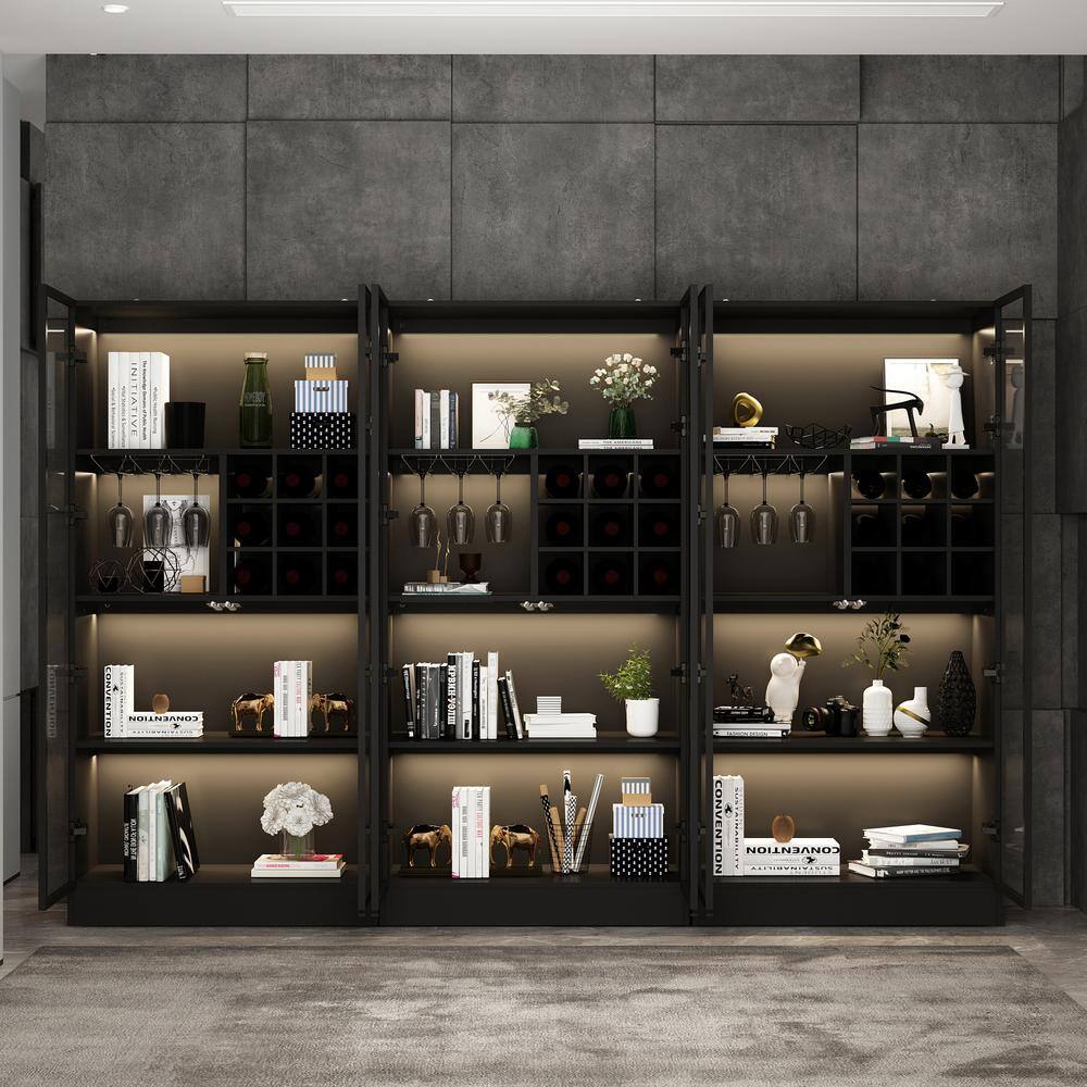 FUFUGAGA 63 in. H x 31.5 in. Wide Black Wood 3-Shelf Bookcase Bookshelf With Wine Cubes 3-Color LED Lights Tempered Glass Doors KF020275-02-cc