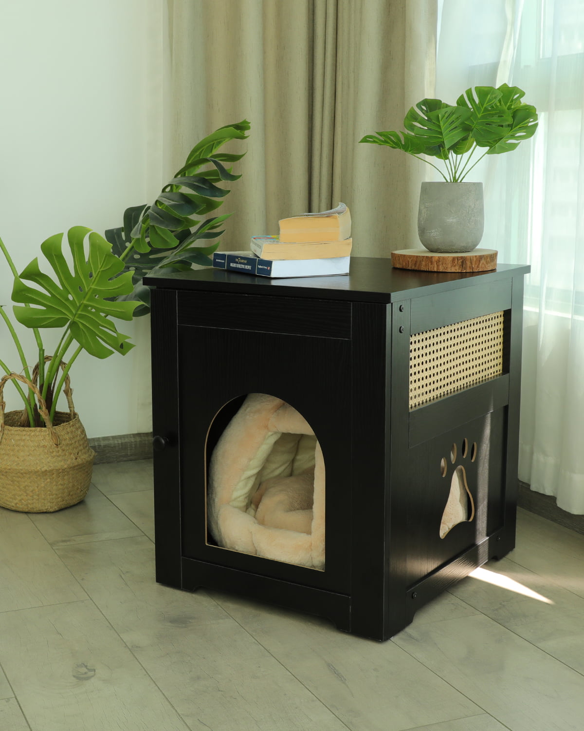 Cat Litter Box - Home Decorative Cat House and Side Table - Cat Home Nightstand - Indoor Pet Crate - Litter Box Enclosure - Hooded Hidden Pet Box - Cats Furniture Cabinet - Kitty Washroom - Black