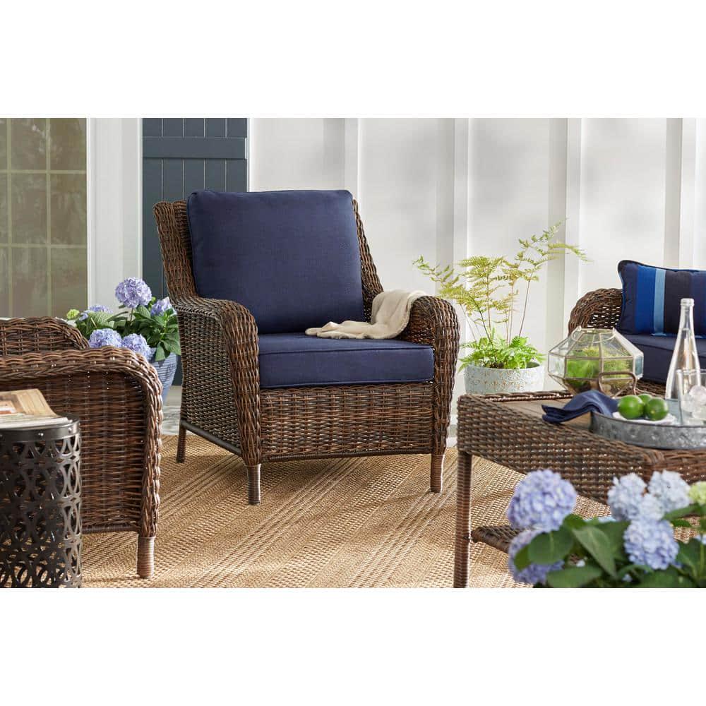 Hampton Bay Cambridge Brown Wicker Outdoor Patio Lounge Chair with CushionGuard Midnight Navy Blue Cushions