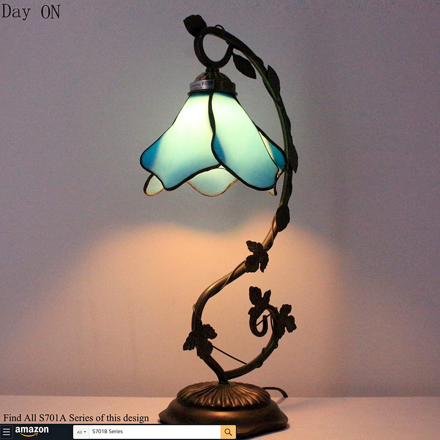 SHADY Tiffany Lamp Blue Stained Glass Table Lamp  Metal Leaf Table Desk Reading Light 8X10X21 Inches Decor Small Space Bedroom Home Office S701 Series