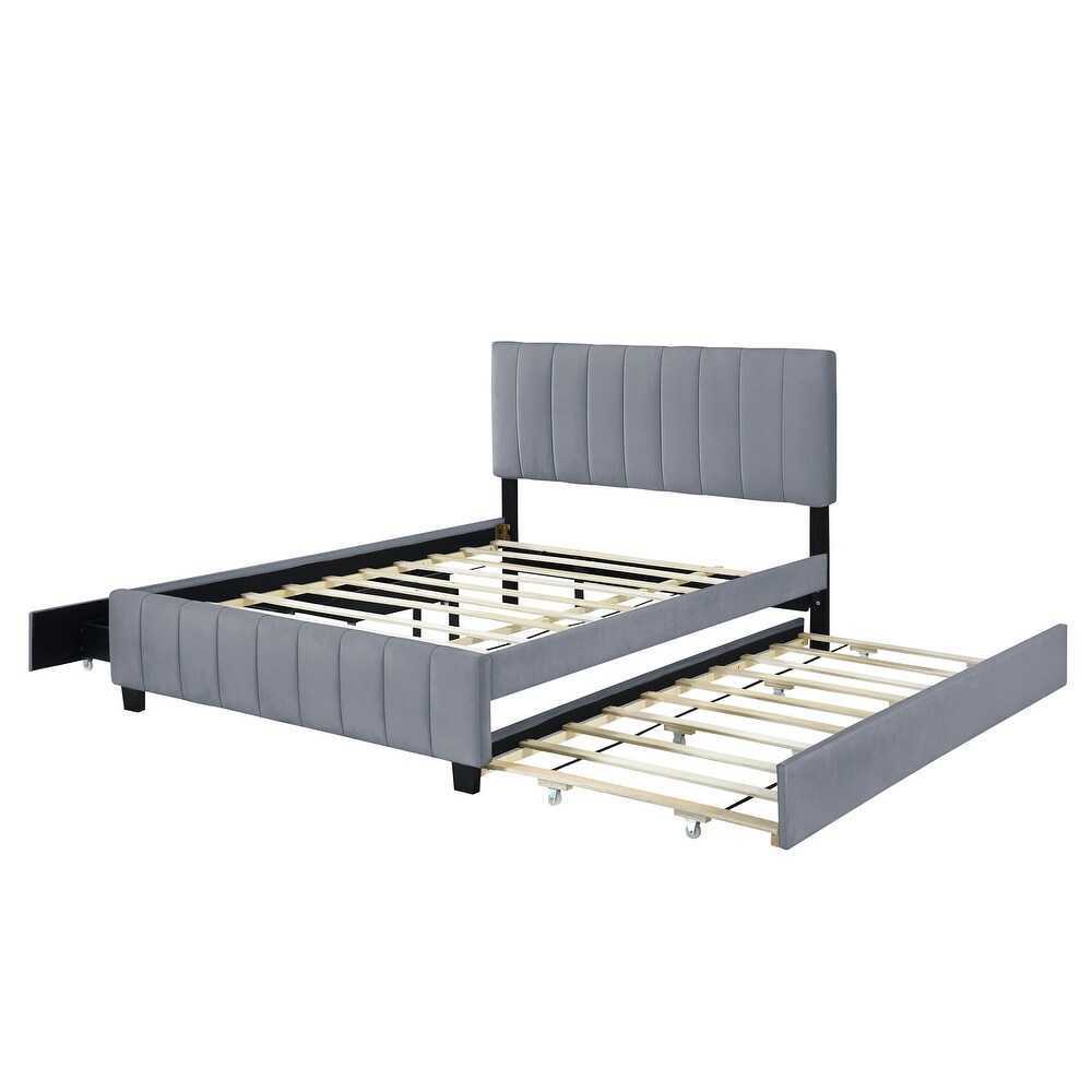 Queen Size Velvet Upholstered Platform Bed with Twin XL Size Trundle Bed  2 Storage Drawers and Headboard