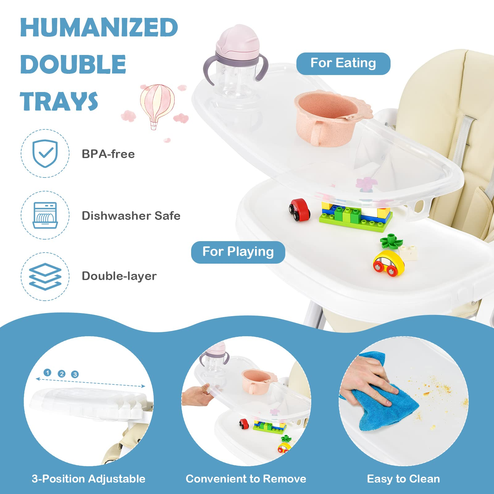 Baby High Chair, Folding Highchair w/ 4 Wheels, One-Step Brake