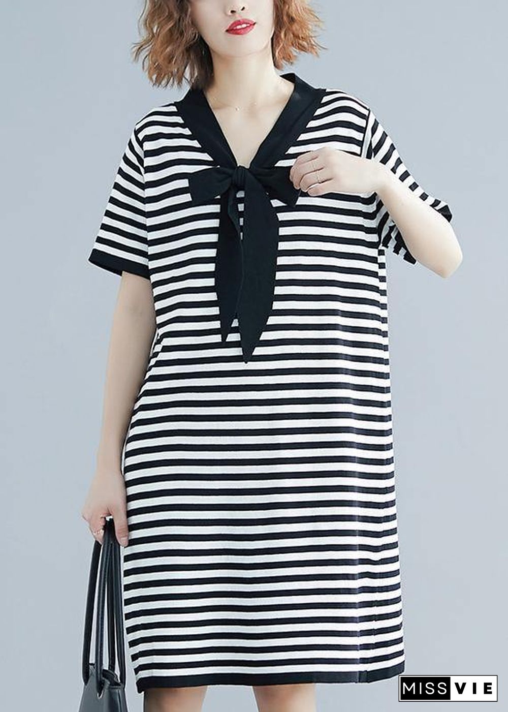 Beautiful Black White Narrow Striped Short Sleeve Summer Cotton Dress