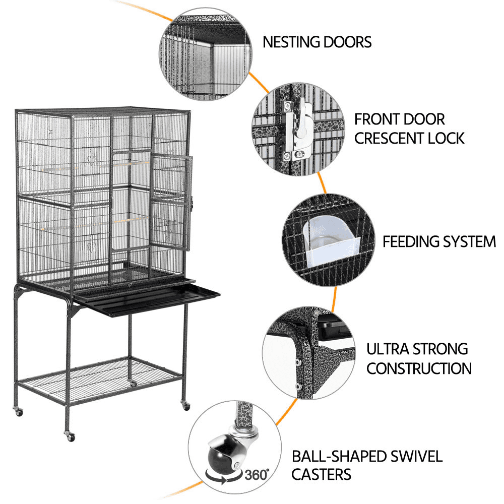 generic 63''H Large Rolling Metal Parrot Cage with Detachable Stand Bird Cage for Conures Parakeets Cockatiels， Black