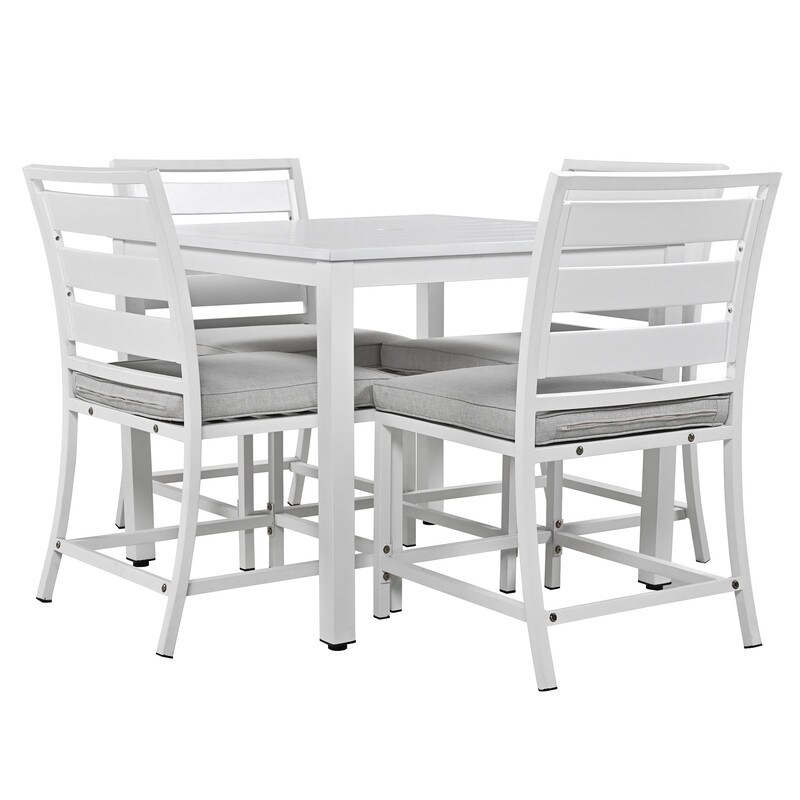 5 Piece Outdoor Dining Table Set for 4  Wood Top Dining Table with Umbrella Hole   4 Cushioned Chairs for Patio  Deck  Porch