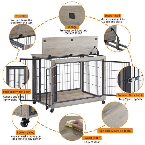 Dog Crate Side Table on Wheels with Double Doors and Flip Top