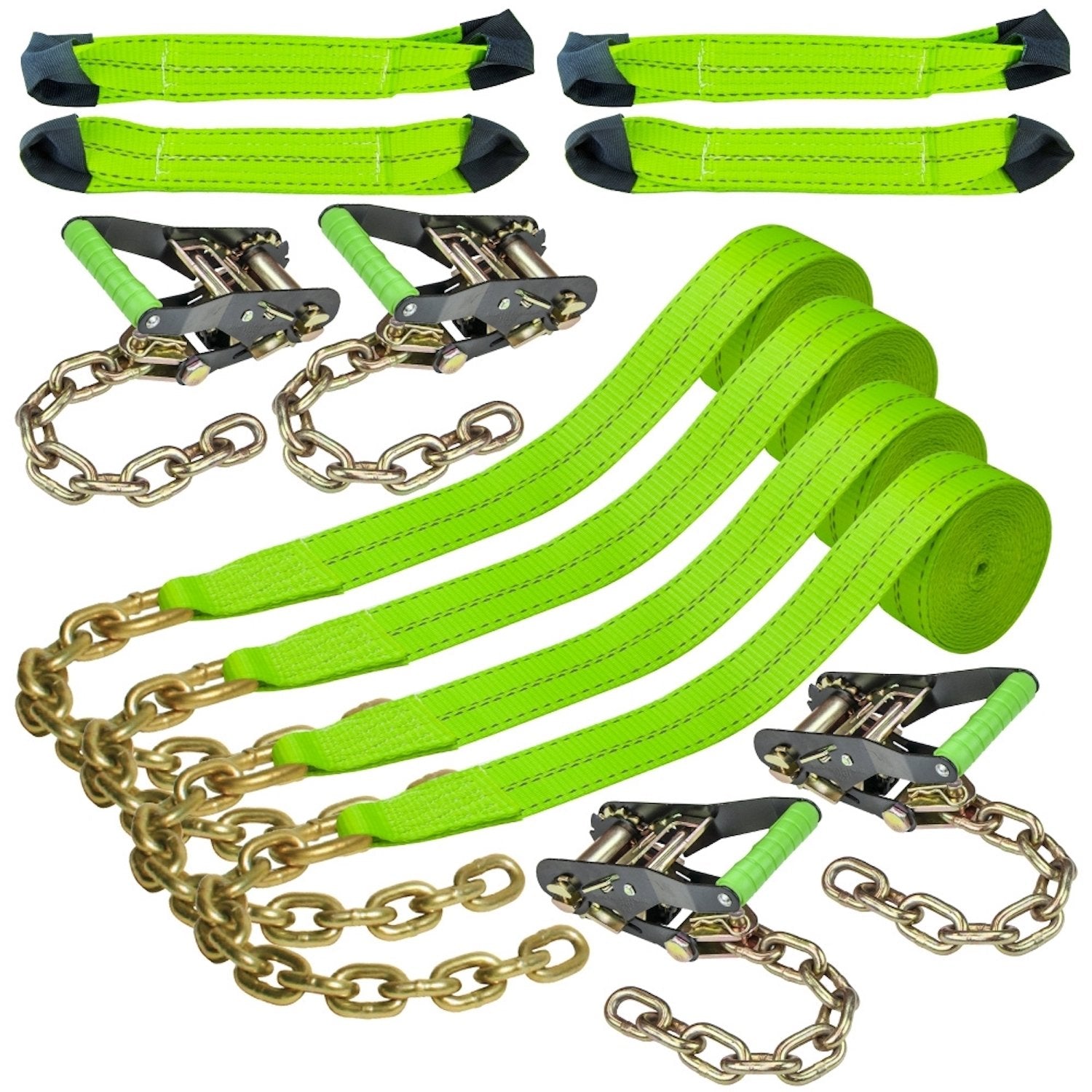 VULCAN 8-Point Vehicle Tie Down Kit with Chain Tails on Both Ends - Set of 4 - Reflective High-Viz