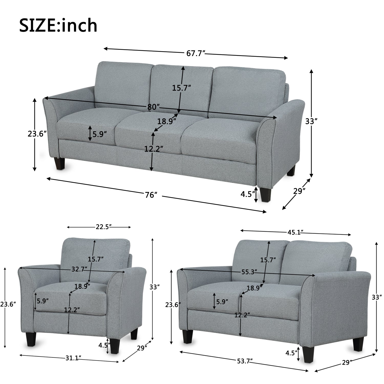 3 Pieces Sofa Set Living Room Set Gray