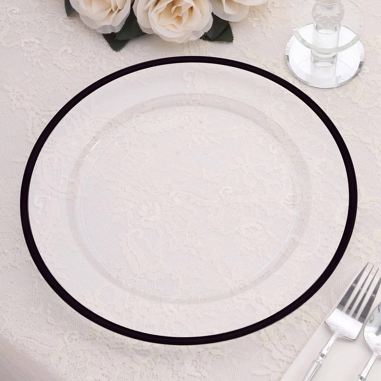 10 Pack Clear Economy Plastic Charger Plates With Black Rim, Round Dinner Chargers Event Tabletop Decor - 12