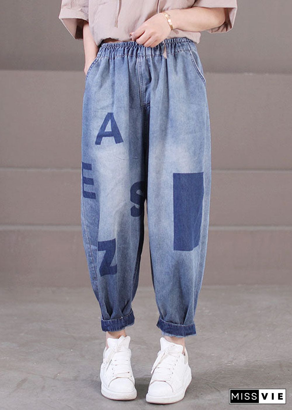 Loose Blue Elastic Waist Pockets Letter Print Cotton Denim Harem Pants Summer