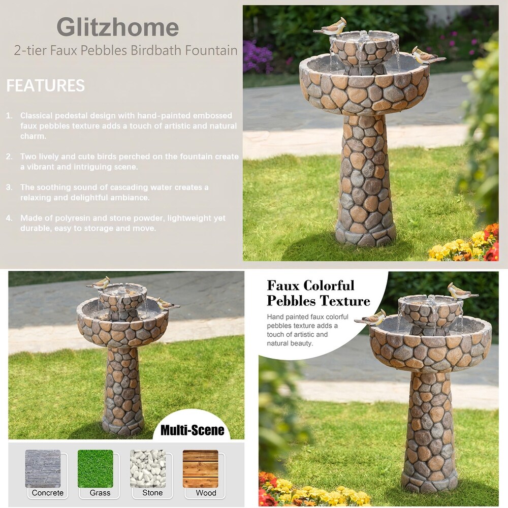 Glitzhome 24.5 inch Outdoor 2 tier Faux Pebbles Polyresin Birdbath Fountain with Pump