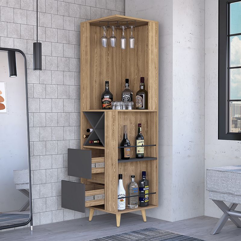 DEPOT E-SHOP Lisbon Corner Bar Cabinet， External Shelves，Drawers， Wine Compartments， Pine/Matt Gray