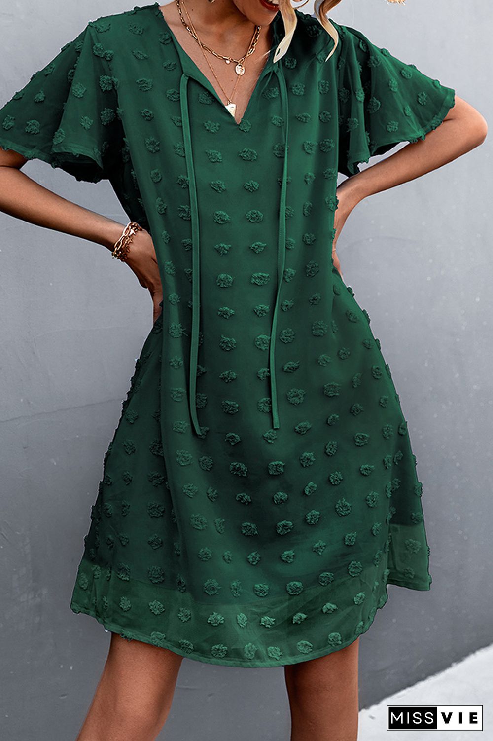 Jacquard Tie V-neck Short Sleeve Dress Wholesale