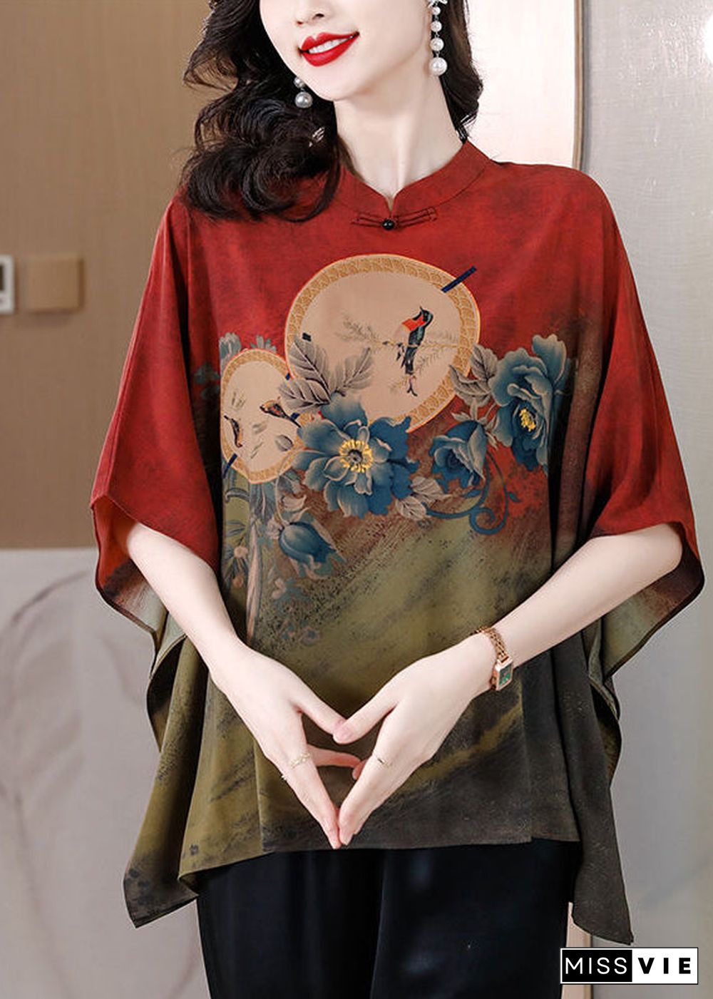 Red Print Loose Silk Blouse Top Mandarin Collar Batwing Sleeve