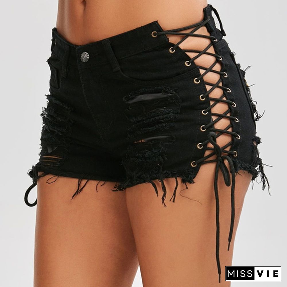 Hot Summer Women Denim Shorts New Black Blue High Waist Ripped Short Jeans Tassel Lace Up Bandage Hotpants