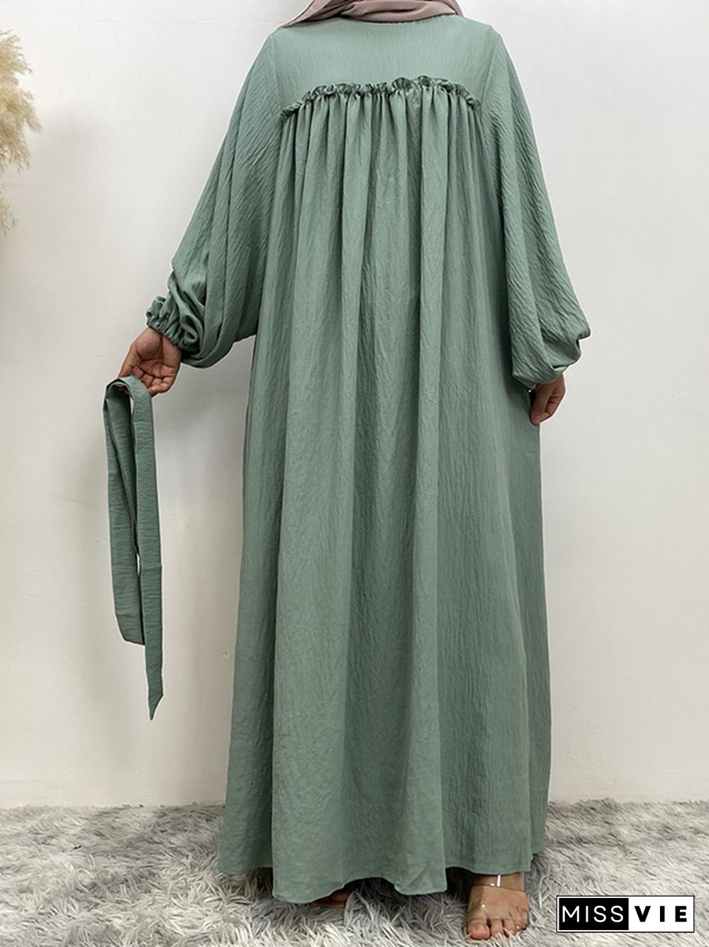 Bishop Sleeve Long Sleeves Elasticity Muslim Pleated Solid Color Split-Joint Tied Waist Round-Neck Maxi Dresses