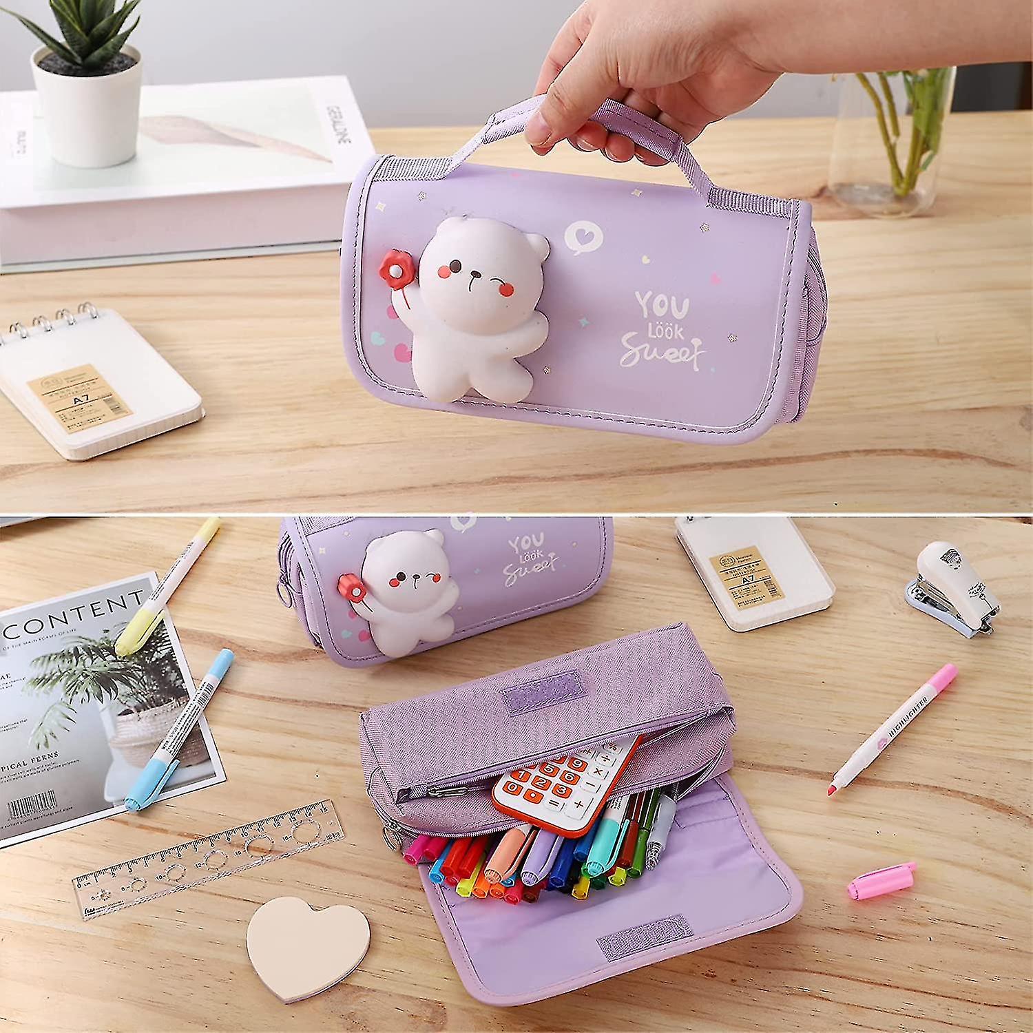 Veeki Pencil Case Large Pencil Pouch With Handle And Stress Relief Doll Cute Pencil Bag For Girls Students Kids School Pencil Case Organizer Purple