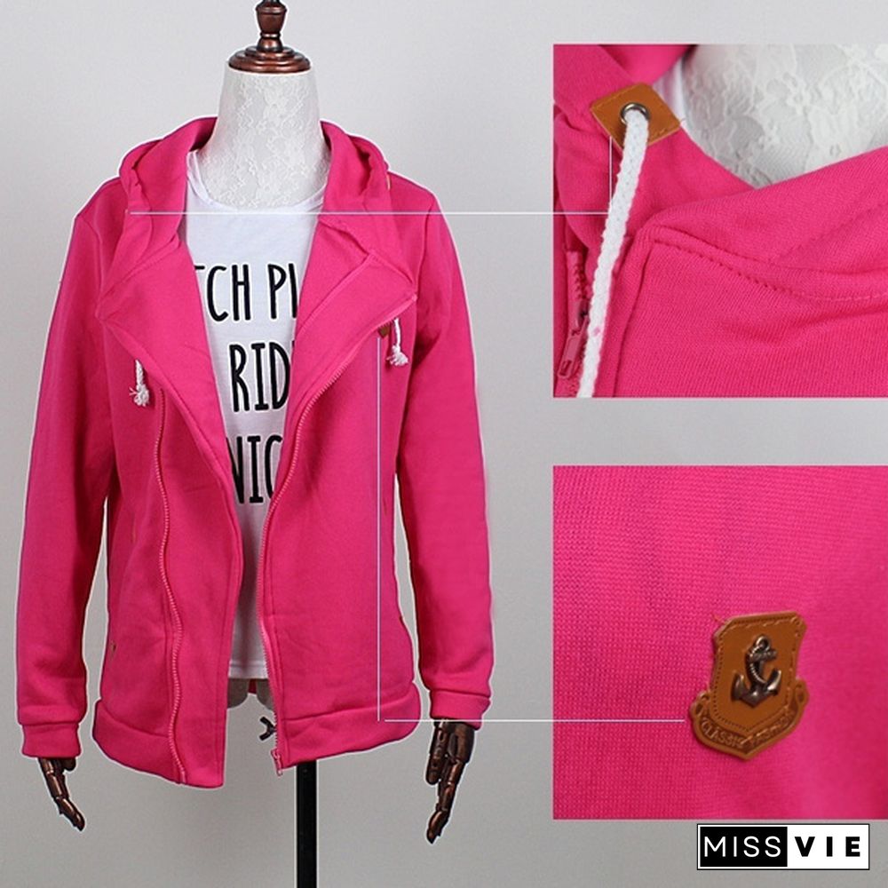 Winter Woman Fashion Sports Personality Side Zipper Hooded Sweatshirt Candy Colored Sweater Coat S-5XL