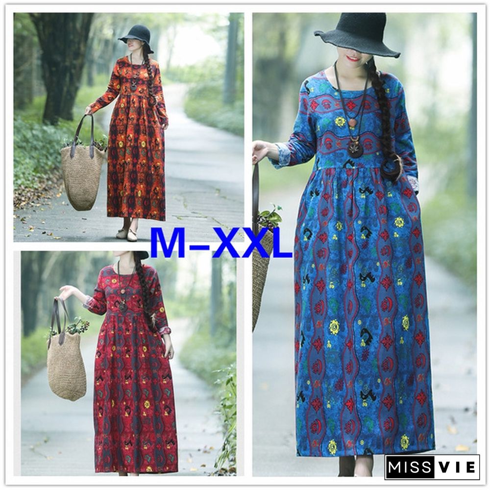 New Arrival Women's Fashion Clothing Spring and Autumn Folk Style Linen Defined Waist Loose Full Dress Printed Long Sleeve Dress