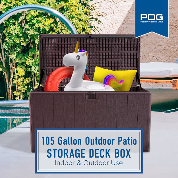 Plastic Development Group 105 gallon Weather resistant Resin Outdoor Patio Storage Deck Box With Lid Retainer Straps Java Brown