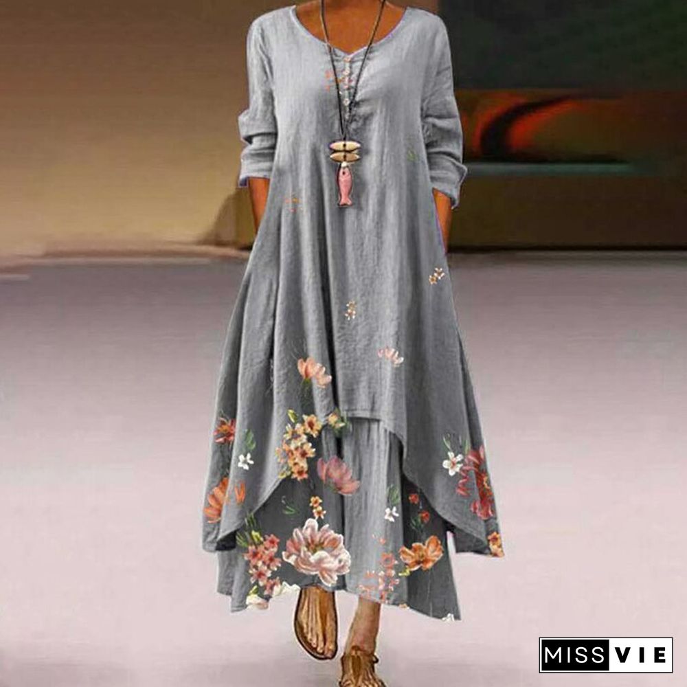 Women Summer Floral Printed Dress Spring Autumn Casual Loose Irregular V-Neck Long Sleeve Dress Elegant Party Big Hem Maxi Dress