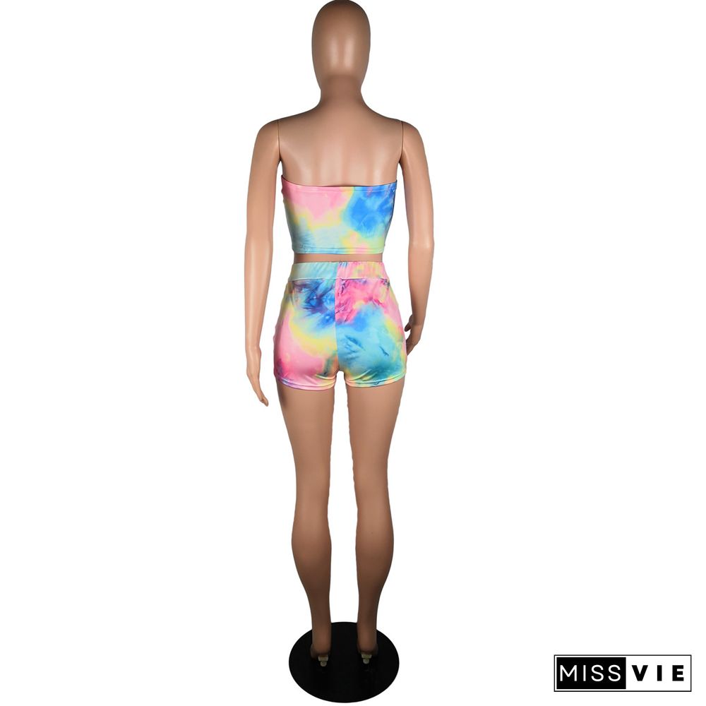 Tie Dye Strapless Tube Crop Top Biker Shorts Suit