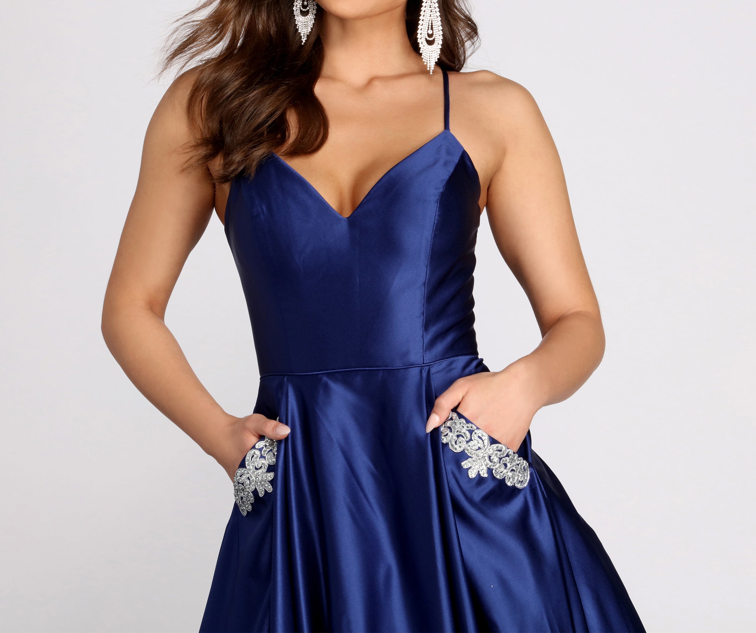 Rochella Satin Rhinestone Trim Ball Gown