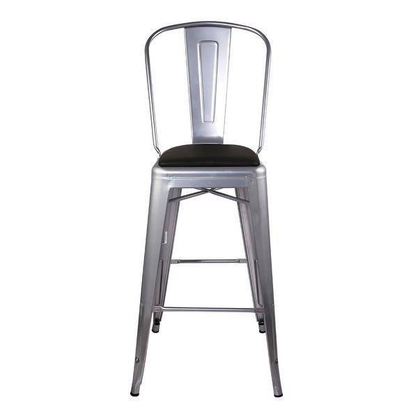 30 Inch High Back Metal Stool Chair with Vegan Leather， Silver - Overstock - 37851916