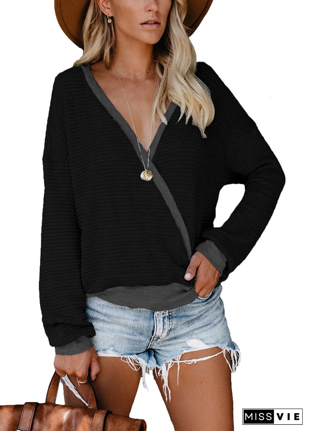 Black Waffle Knit V Neck Sweatshirt