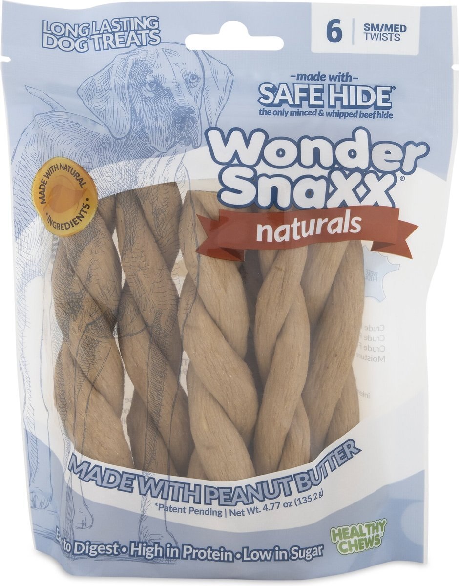 Petmate Wonder SnaXX Naturals Twists Peanut Butter Grain-Free Dog Treats， Small/Medium， 6 count