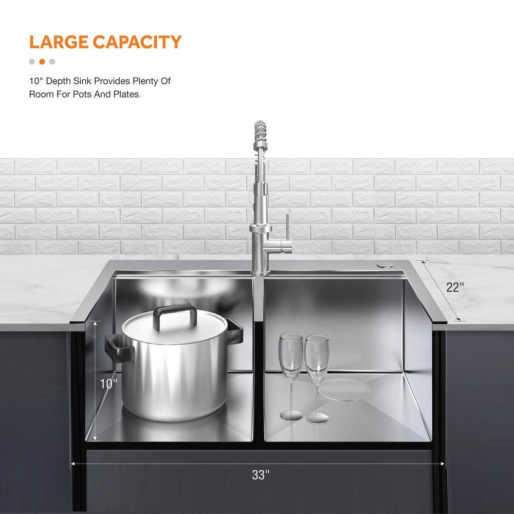 Glacier Bay AIO Zero Radius Drop-InUndermount 16G Stainless Steel 33 in. Double Bowl Workstation Kitchen Sink Spring Neck Faucet FSD1Z3322A0SA1