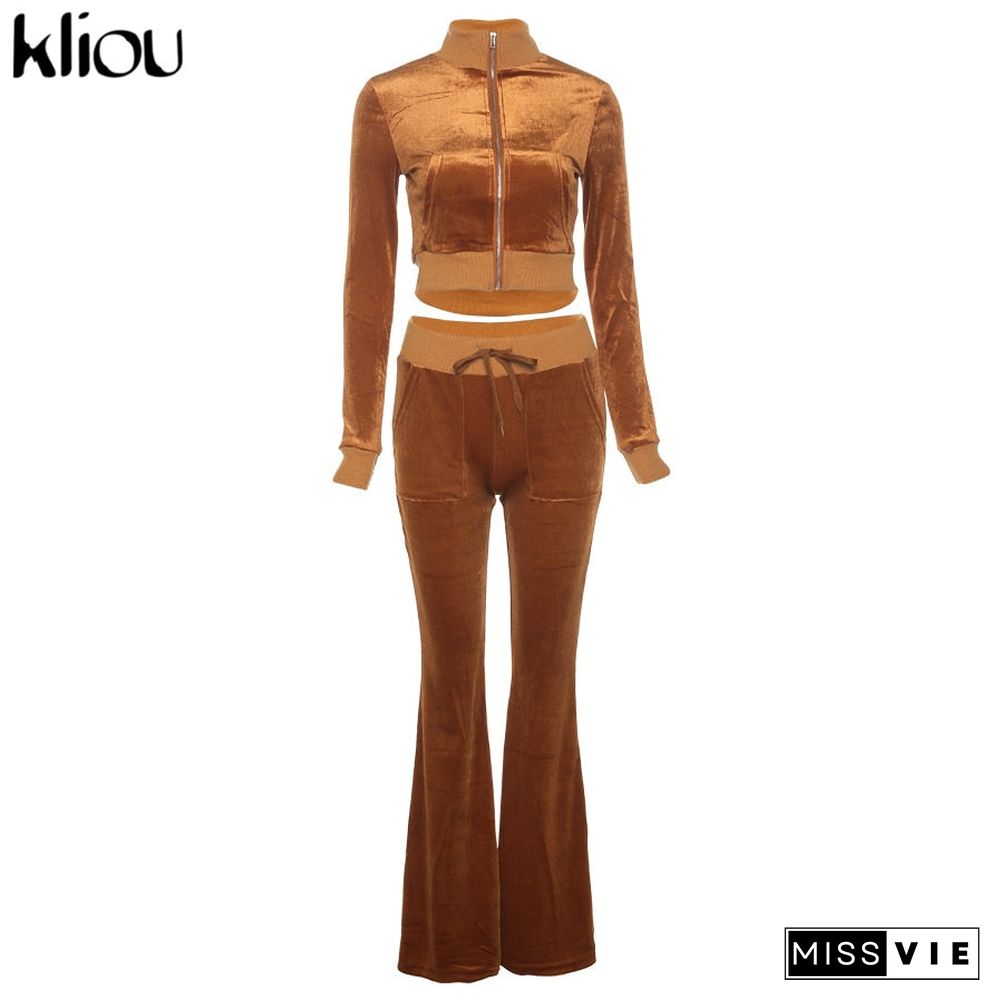 Kliou Solid Velour Two Piece Set Women Simple Casual Zipper Long Sleeve Turtleneck Top+Bandage Lace Slim Female Wide Leg Pants