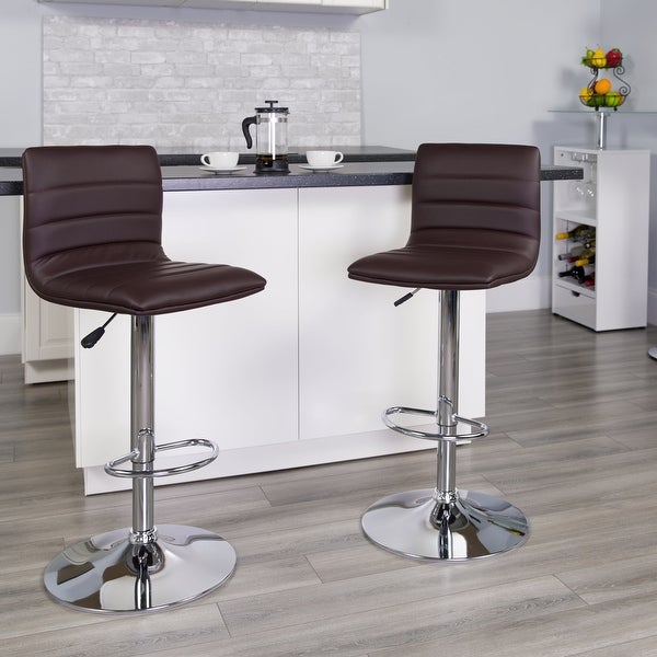 2 Pack Modern Brown Vinyl Adjustable Bar Stool with Back， Counter Height Swivel Stool with Chrome Pedestal Base