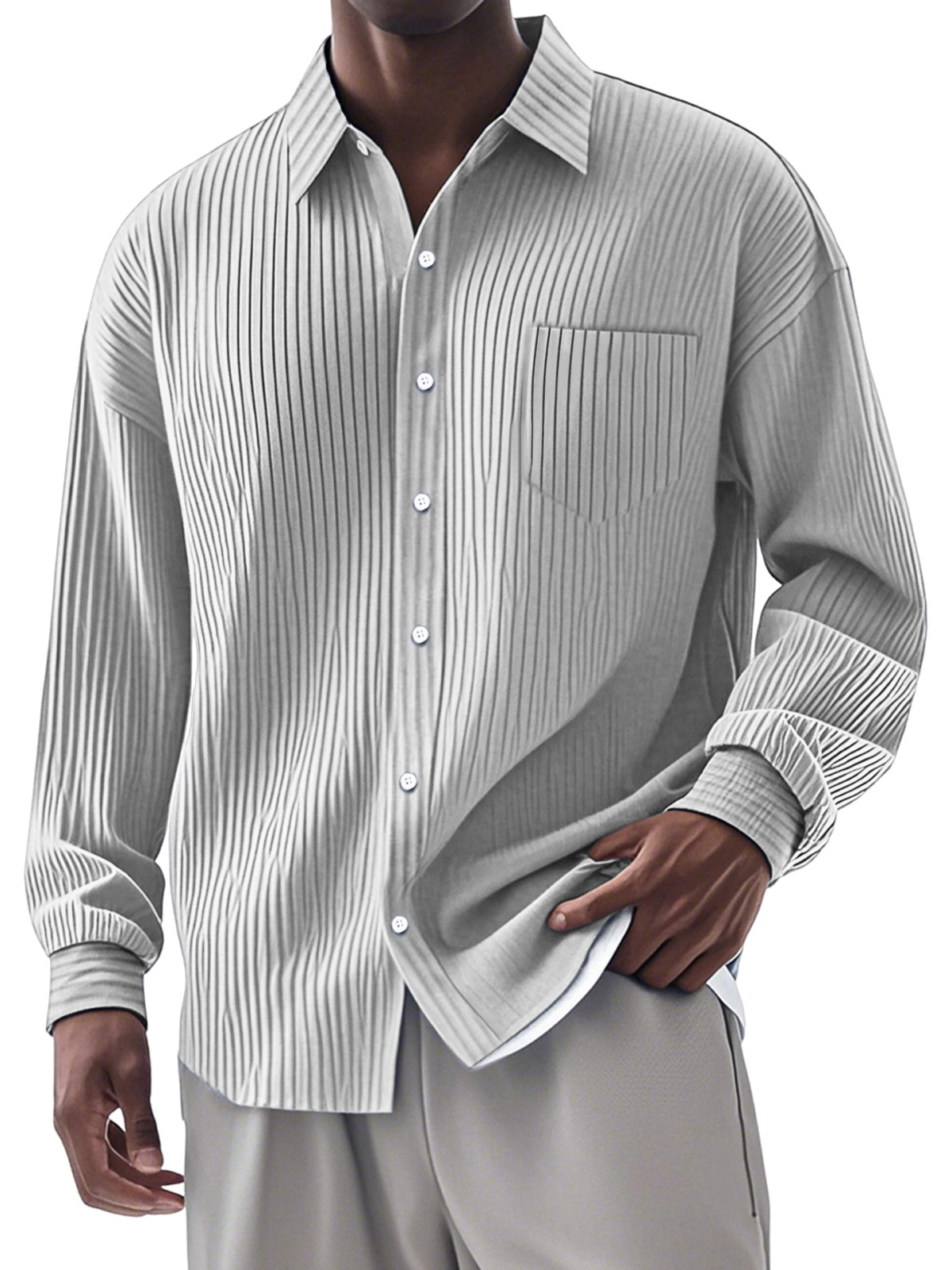 🎄Christmas Sale🔥Men's Casual Simple Vertical Pit Strip Long-sleeved Lapel Shirt
