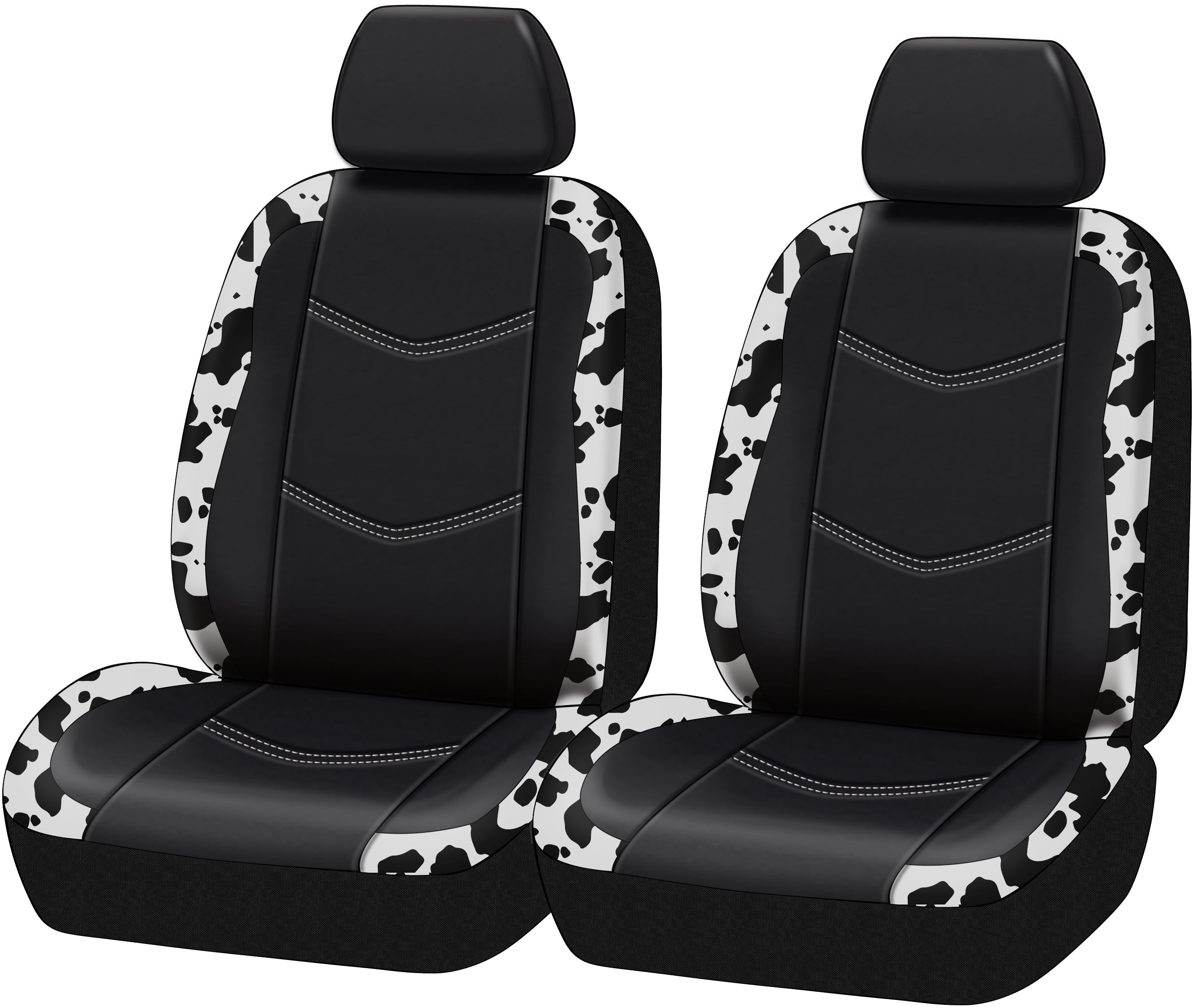 Auto Drive Black，White Cow Faux Leather Car Seat and Headrest Cover， Set of 2， HP211126