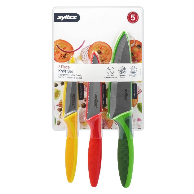 Zyliss 3pc Stainless Steel Knife Set Yellow red green