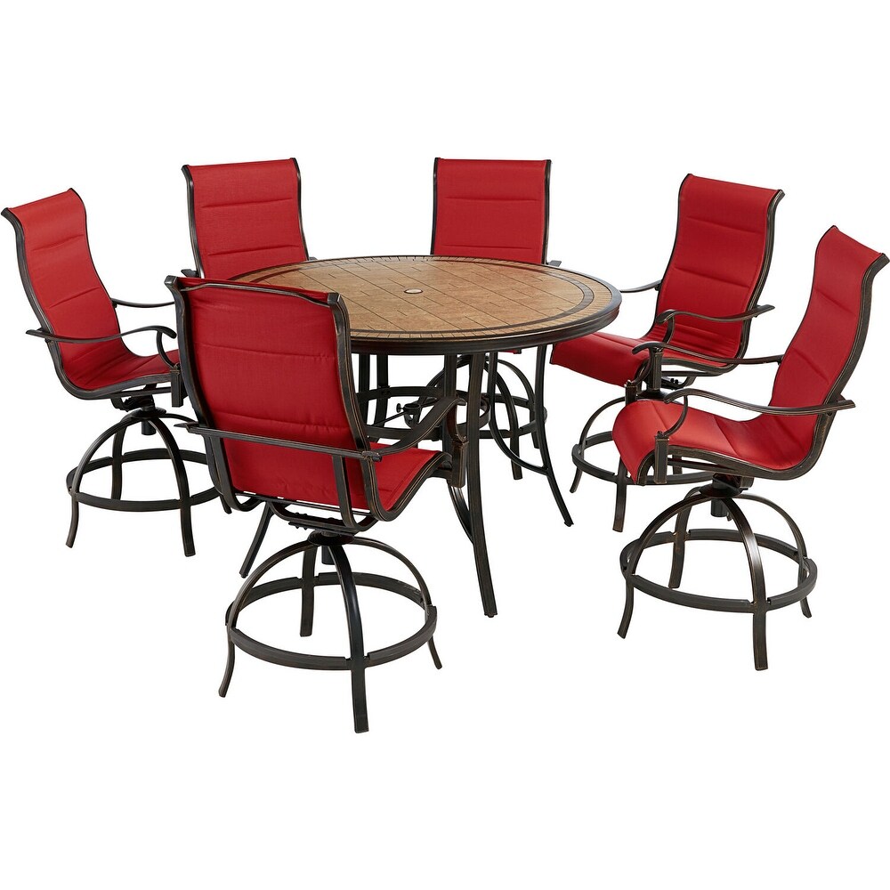 Hanover Monaco 7 Piece High Dining Set in Sunset w/6 Padded Counter Height Swivel Chairs and a 56 In. Tile Top Table