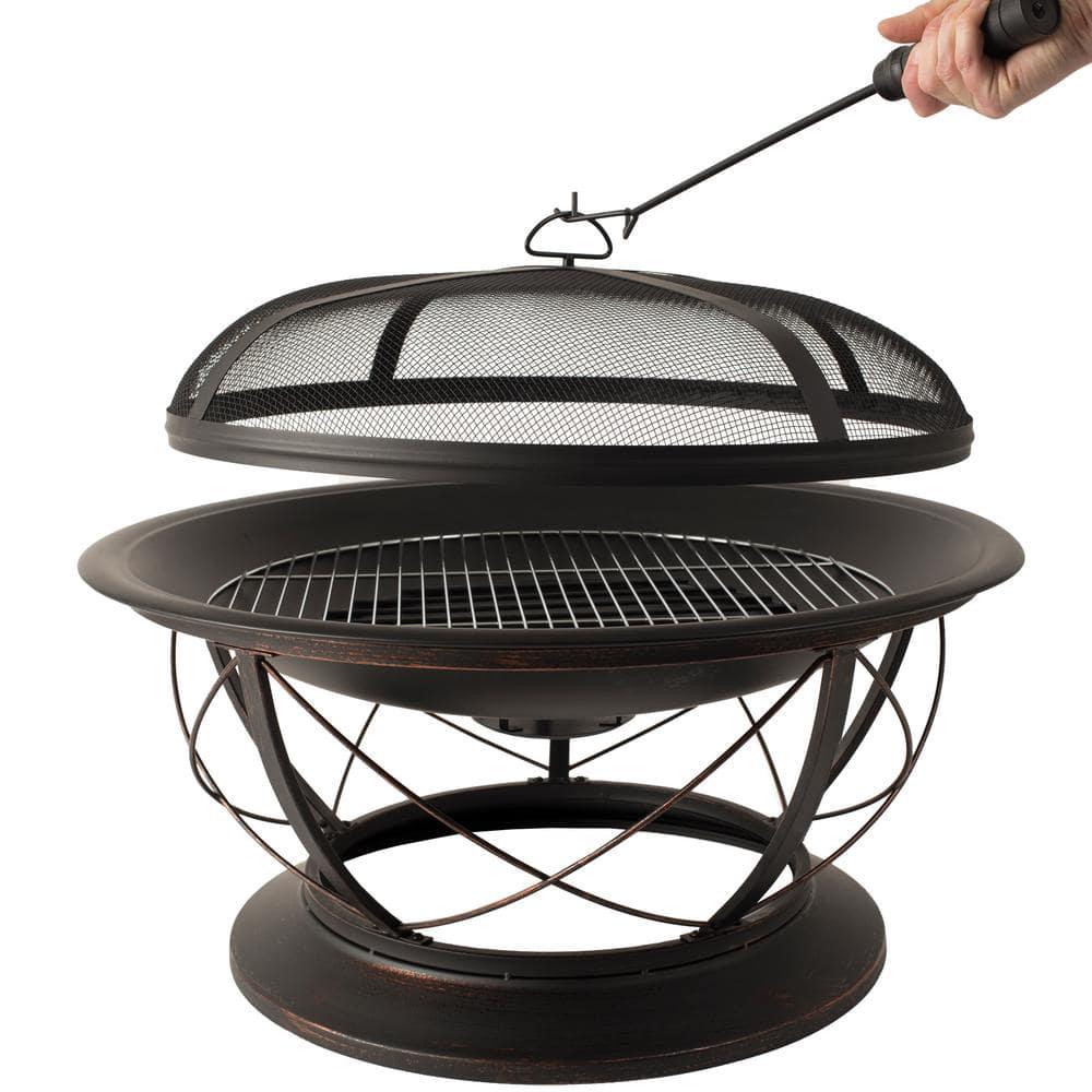 Pleasant Hearth Palmetto 30 in x 19 in Round Steel Wood Fire Pit in Rubbed Bronze with Cooking Grid