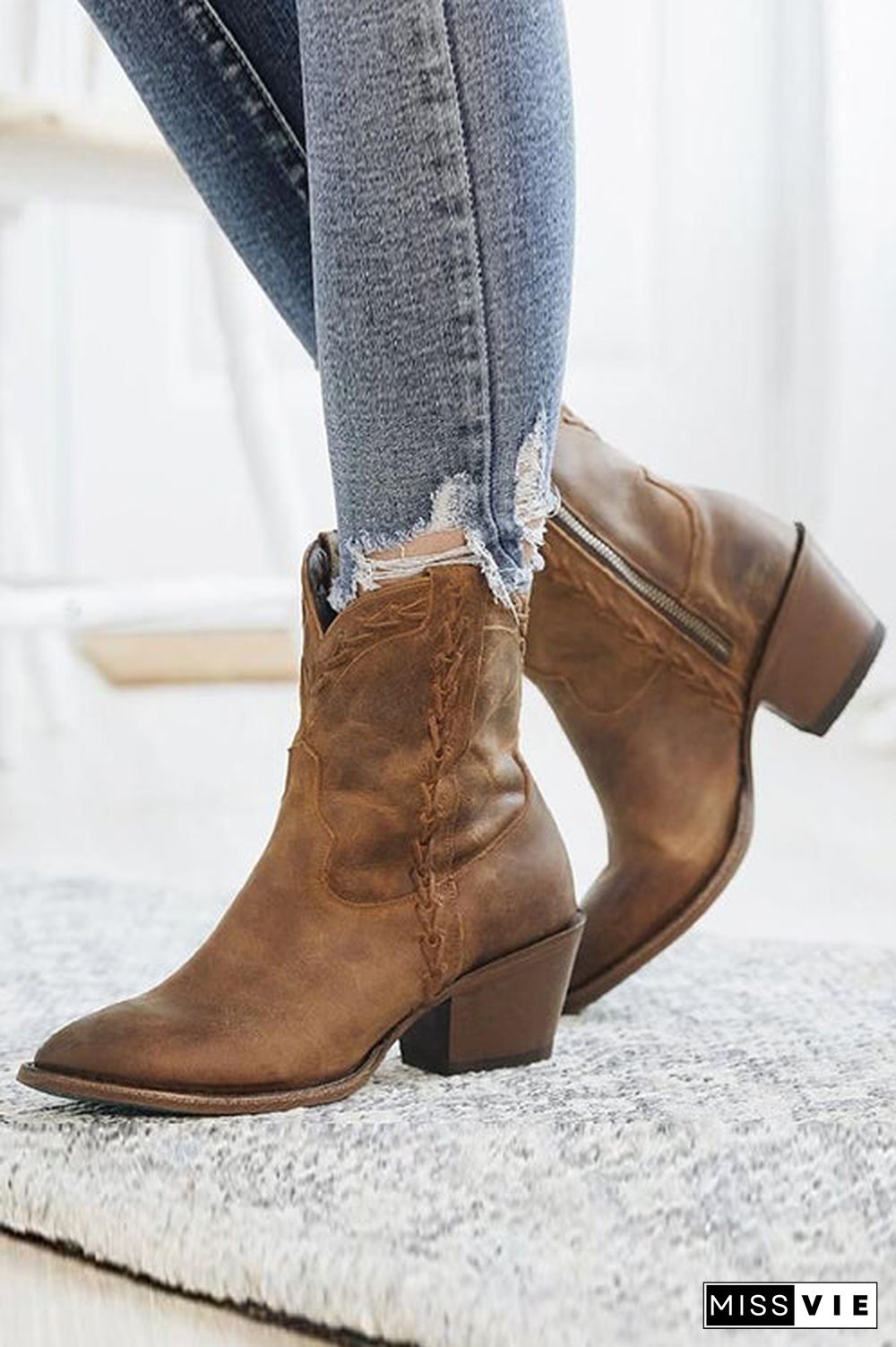 Slip On Mid Chunky Heels Boots