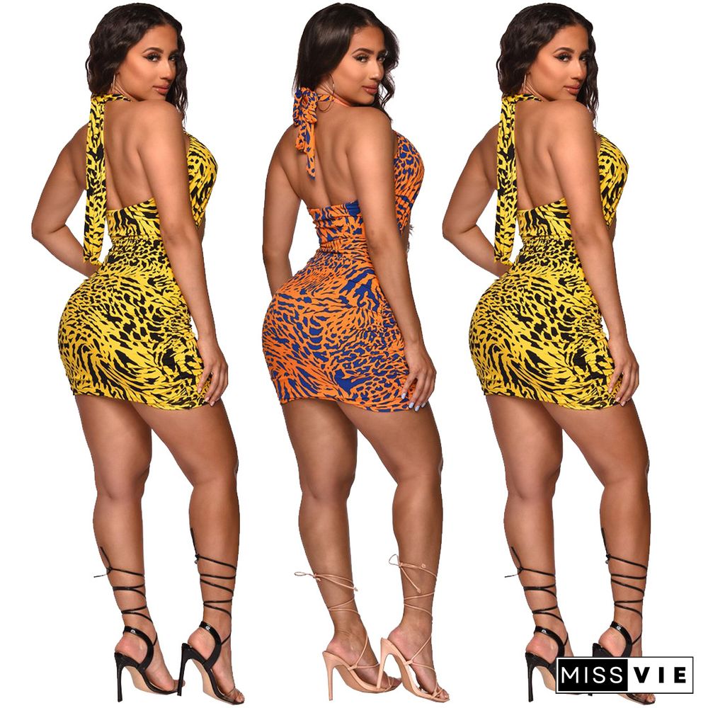 Women Summer Sexy Printed Hollow Out Cross Halter Bandage Sleeveless Backless Bodycon Mini Dress