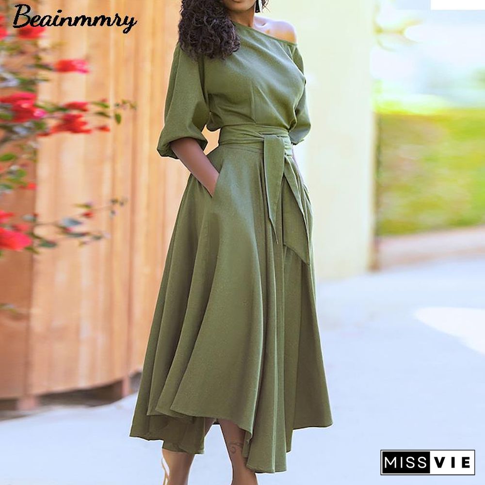 Women Elegant Sexy Off Shoulder Party Dress Summer Tie-Up A-Line Dress Office Lady Casual Short Sleeve Pocket Dress Vestido