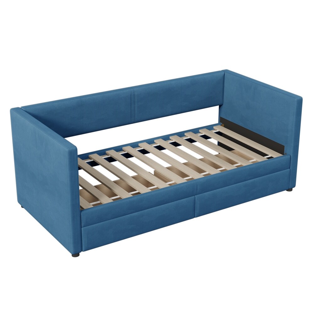 Blue Modern Twin Size Corduroy Daybed with 2 Large Storage Drawers and Solid Wood Slats Support  for Lawn Living Room Mild Rest